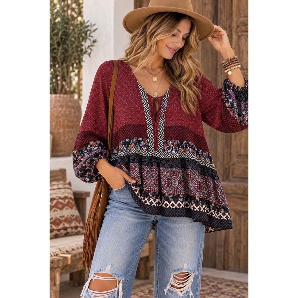 Lily White Boho Mixed Print Peasant Top Burgundy Floral Babydoll Blouse XL